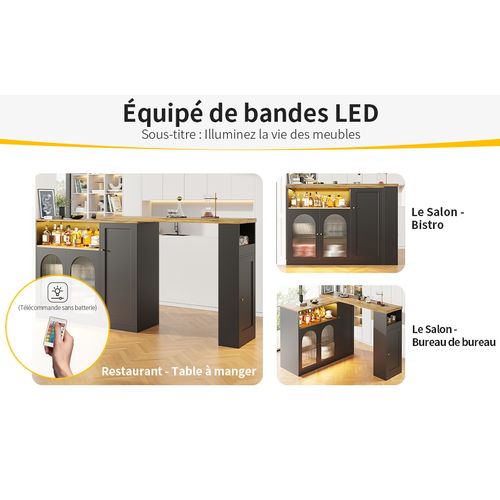 Table Bar Avec Plateau Mdf Et LED, Rangement Avec Vitrine Verre Cannelé - Meuble Bar Salon Noir