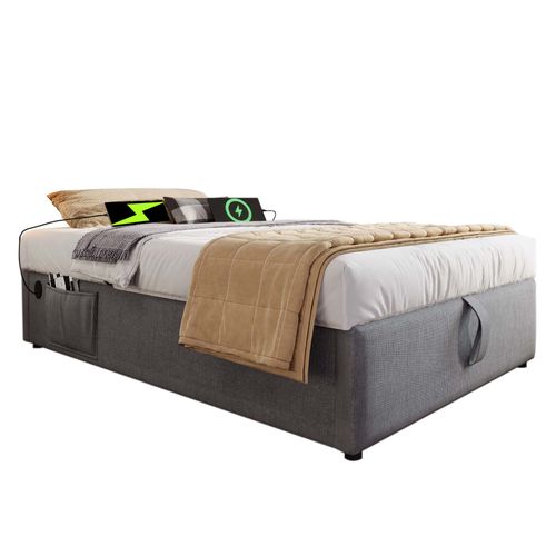 Lit Coffre Simple 90x190 Cm Avec Rangement Intégré Et Port USB-c, Cadre Métal Et Coton Gris