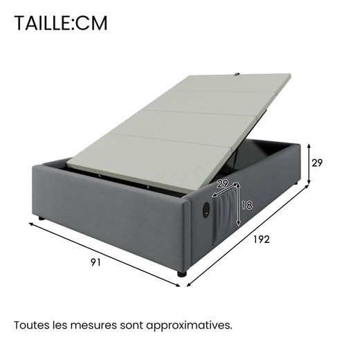 Lit Coffre Simple 90x190 Cm Avec Rangement Intégré Et Port USB-c, Cadre Métal Et Coton Gris