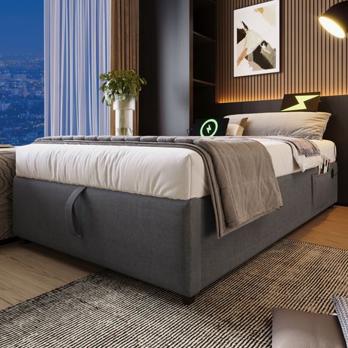 Lit Coffre Simple 90x190 Cm Avec Rangement Intégré Et Port USB-c, Cadre Métal Et Coton Gris