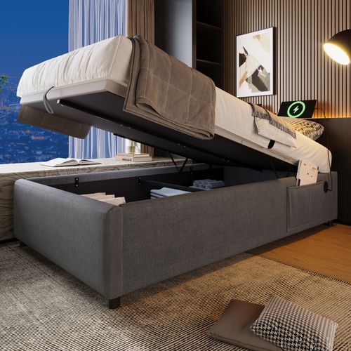 Lit Coffre Simple 90x200 Cm Avec Rangement Intégré Et Port USB-c, Cadre Métal Et Coton Gris