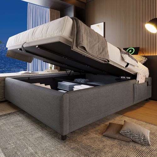 Lit Coffre Double 160x200 Cm Avec Coffre De Rangement Et Port USB-c, Cadre Bois Et Coton Gris