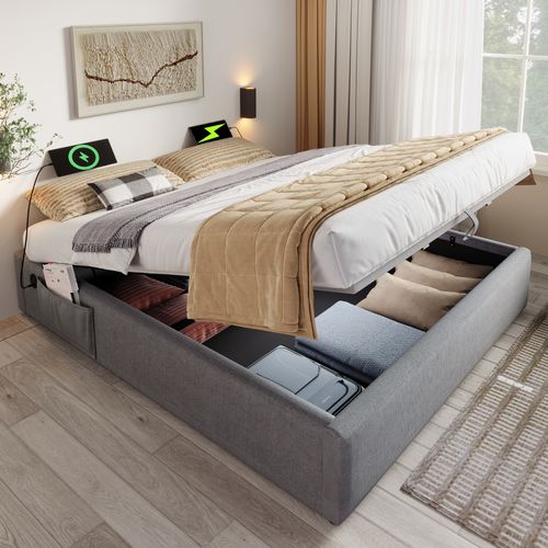 Lit Coffre Double 160x200 Cm Avec Coffre De Rangement Et Port USB-c, Cadre Bois Et Coton Gris
