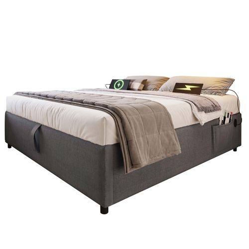Lit Coffre Double 160x200 Cm Avec Coffre De Rangement Et Port USB-c, Cadre Bois Et Coton Gris