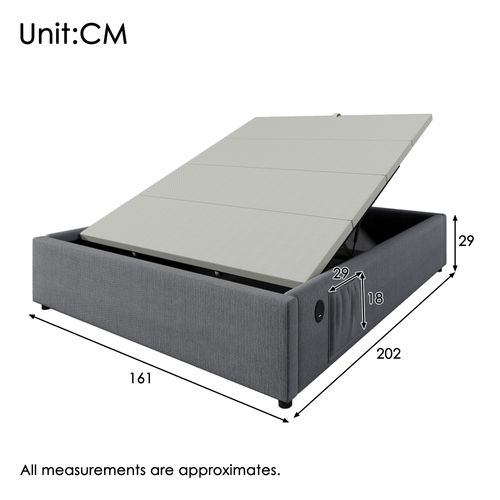 Lit Coffre Double 160x200 Cm Avec Coffre De Rangement Et Port USB-c, Cadre Bois Et Coton Gris