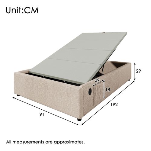 Lit Coffre Simple 90x190 Cm Avec Rangement Intégré Et Port USB-c, Cadre Métal Et Lin Naturel