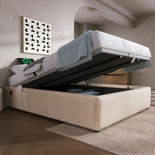 Lit Coffre Double 160x200 Cm Avec Rangement Intégré Et Port USB-c, Cadre Bois Et Lin Beige