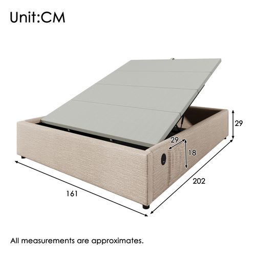 Lit Coffre Double 160x200 Cm Avec Rangement Intégré Et Port USB-c, Cadre Bois Et Lin Beige