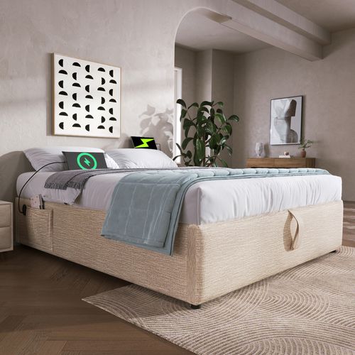 Lit Coffre Double 160x200 Cm Avec Rangement Intégré Et Port USB-c, Cadre Bois Et Lin Beige