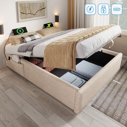 Lit Coffre Double 140x200 Cm Avec Rangement Intégré Et Port USB-c, Cadre Bois Et Lin Beige