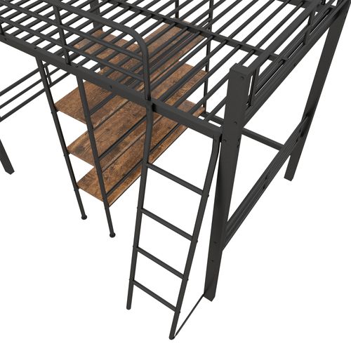 Lit Mezzanine 90x200 Cm - Lit Simple Avec Bureau En L, Garde-corps Et Échelle - Métal Noir