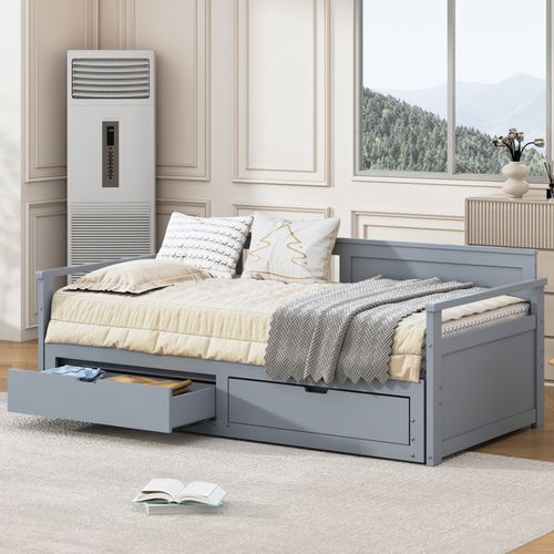 Lit Gigogne 90/180x190 Cm Bois Avec Tiroirs Et Lit Sur Roulettes, Multifonction, Gris