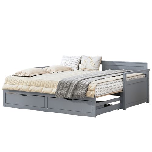 Lit Gigogne 90/180x190 Cm Bois Avec Tiroirs Et Lit Sur Roulettes, Multifonction, Gris