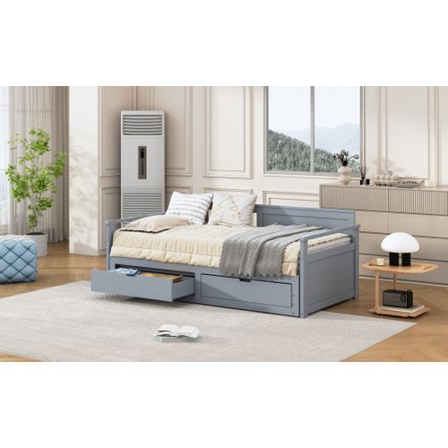 Lit Gigogne 90/180x190 Cm Bois Avec Tiroirs Et Lit Sur Roulettes, Multifonction, Gris