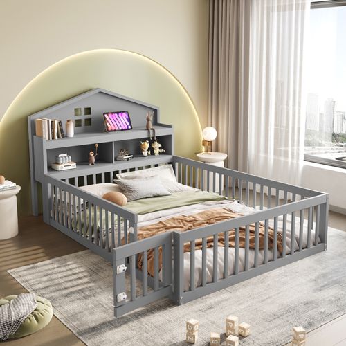 Lit Enfant 140x200 Cm - Barrières Et Rangement, Lit Avec Protection Mdf Et Pin, Gris