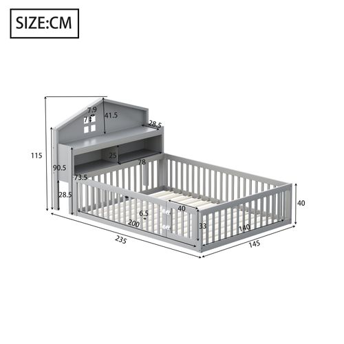 Lit Enfant 140x200 Cm - Barrières Et Rangement, Lit Avec Protection Mdf Et Pin, Gris