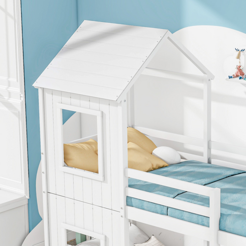 Lit Superposé 90x200 Cm - Lit Cabane Enfant Avec Échelle Et Baldaquin - Bois De Pin - Blanc