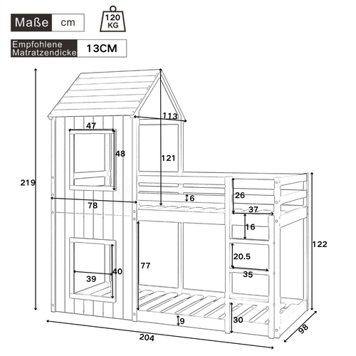 Lit Superposé 90x200 Cm - Lit Cabane Enfant Avec Échelle Et Baldaquin - Bois De Pin - Blanc
