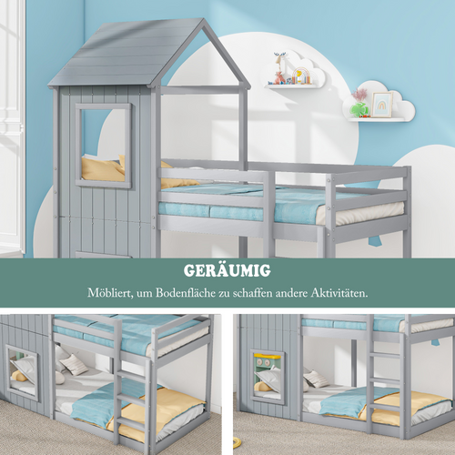 Lit Superposé 90x200 Cm - Lit Cabane Avec Échelle Et Baldaquin - Bois - Gris