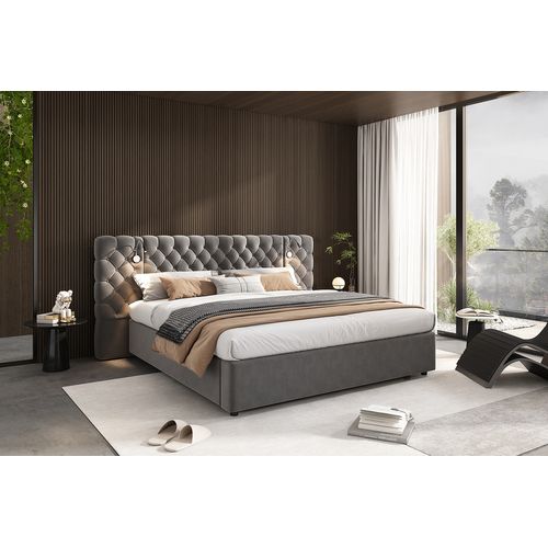 Lit Coffre 180x200 Cm Avec Rangement Et Éclairage LED - Lit Double Capitonné En Velours Gris