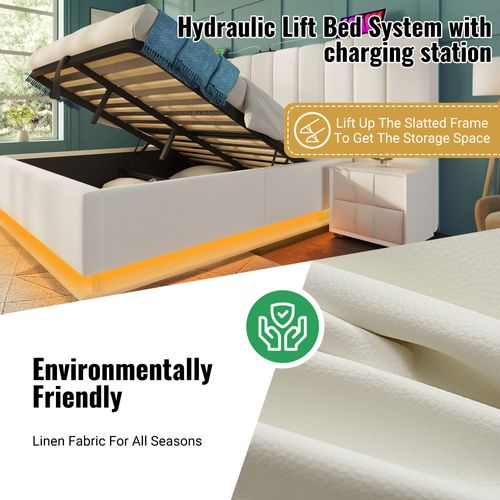 Lit Coffre Double 180 X 200 Cm - LED Et Charge USB-c - Métal, Simili, Bois  - Blanc