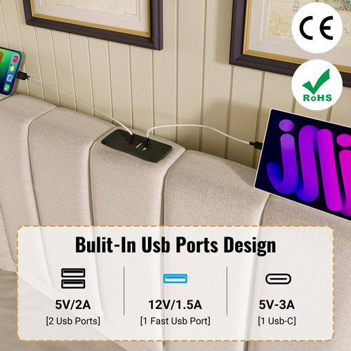 Lit Coffre 160 X 200 Cm - Lit Double Avec LED Et Charge USB-c - Métal, Lin, Bois - Beige