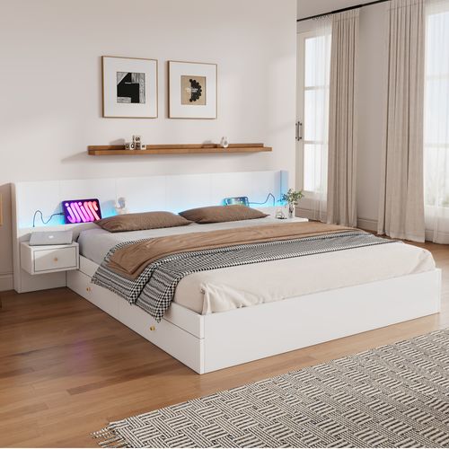 Lit Double 180x200 Cm - Multifonction, Tiroirs Et 2 Tables De Chevet LED/usb, Mdf, Blanc