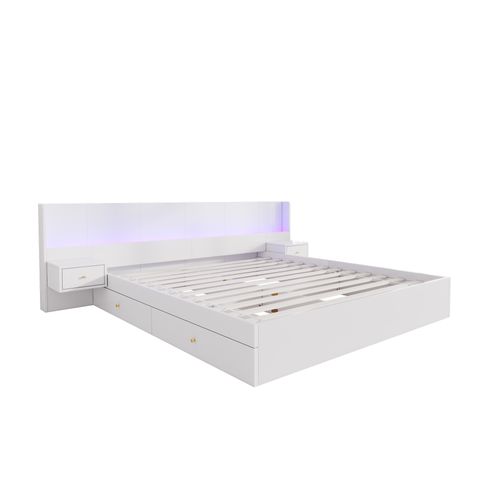 Lit Double 180x200 Cm - Multifonction, Tiroirs Et 2 Tables De Chevet LED/usb, Mdf, Blanc