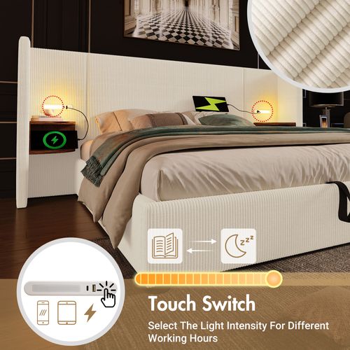 Lit Coffre 160x200 Cm, Lit Double Capitonné, Chevet Et Lampe De Lecture - Velours Côtelé, Beige