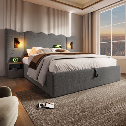 Lit Coffre 160x200, Lit Double Capitonné Avec Lampe De Lecture Et Charge USB Type-c, Lin Gris