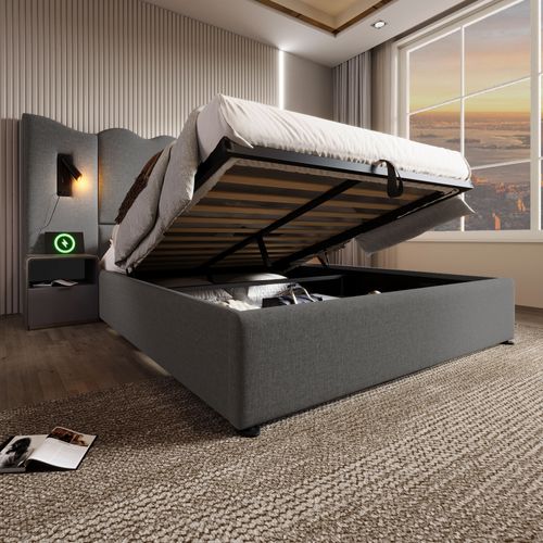 Lit Coffre 160x200, Lit Double Capitonné Avec Lampe De Lecture Et Charge USB Type-c, Lin Gris