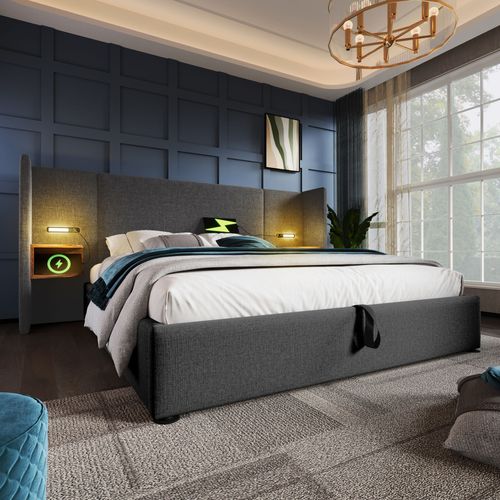 Lit Coffre 160x200 Cm - Lit Double Capitonné Avec Table De Chevet Et Lampe De Lecture - Lin - Gris