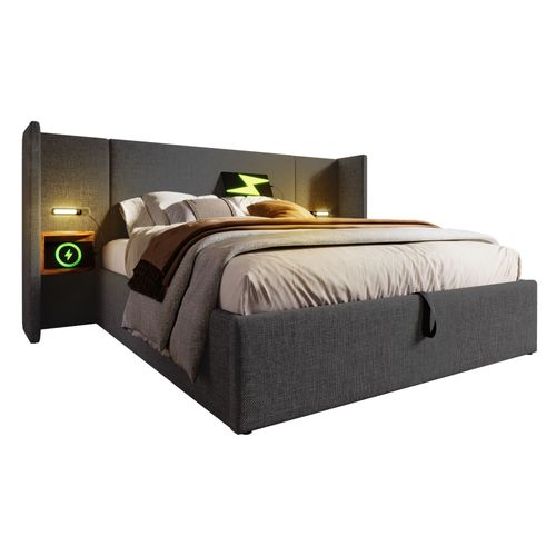 Lit Coffre 160x200 Cm - Lit Double Capitonné Avec Table De Chevet Et Lampe De Lecture - Lin - Gris