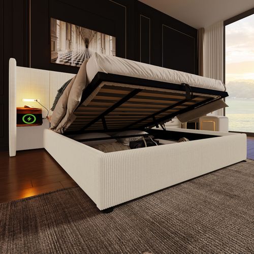 Lit Coffre 180x200 Cm, Lit Double Capitonné, Chevet Et Lampe De Lecture, Velours Côtelé Beige