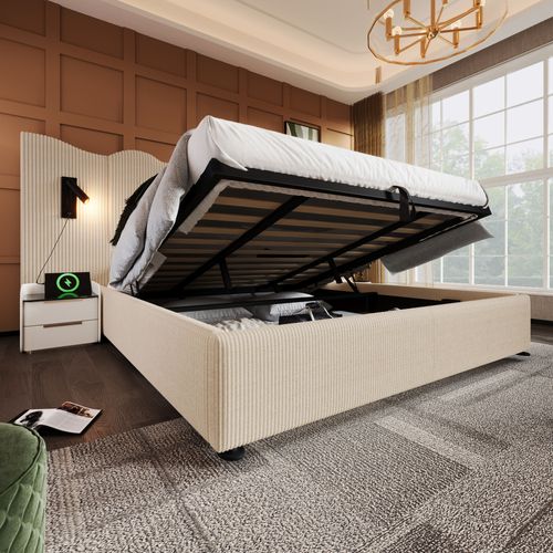Lit Coffre 180x200 Cm Double Capitonné Avec Lampe Lecture Et USB Type-c, Velours Côtelé Beige