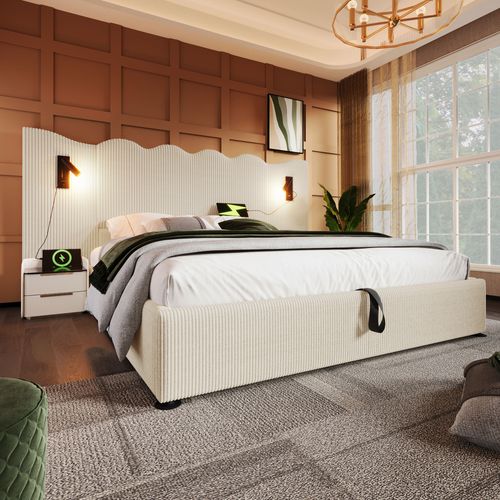 Lit Coffre 180x200 Cm Double Capitonné Avec Lampe Lecture Et USB Type-c, Velours Côtelé Beige