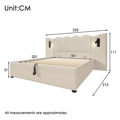 Lit Coffre 180x200 Cm Double Capitonné Avec Lampe Lecture Et USB Type-c, Velours Côtelé Beige