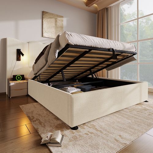 Lit Coffre 180x200 Cm Double Capitonné Avec Lampe Lecture Et USB Type-c, Velours Côtelé Beige