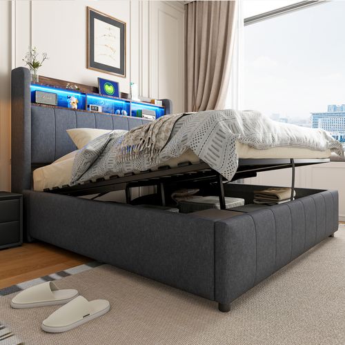 Lit Coffre 140×200 cm, Capitonné Double, LED Et Ports USB, Coffre Rangement Hydraulique, Gris