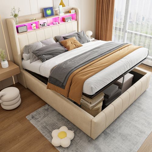 Lit Coffre 140×200 cm, Capitonné Double, LED Et Ports USB, Coffre Rangement Hydraulique, Beige