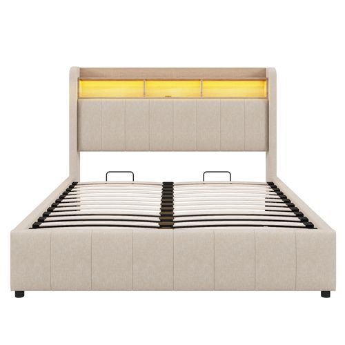Lit Coffre 140×200 cm, Capitonné Double, LED Et Ports USB, Coffre Rangement Hydraulique, Beige
