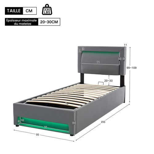 Lit Coffre 90x190 Cm - Lit Simple Capitonné, Port USB, Éclairage LED, Simili - Gris