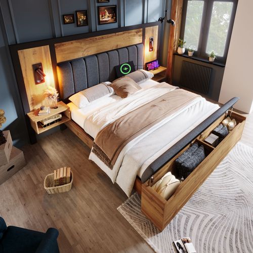 Lit Avec Rangement 180x200 Cm, Lit Double Capitonné, Lampe De Lecture Et Chevet USB C, Métal, Chêne