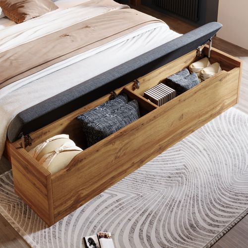 Lit Avec Rangement 160x200 Cm, Lit Double Capitonné, Lampe De Lecture Et Chevet USB C, Métal, Chêne