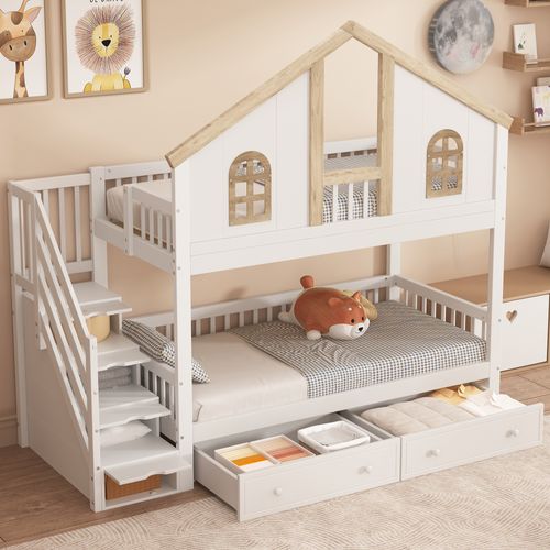 Lit Superposé Enfant 90x200 Avec Escalier Et Tiroirs - Cadre Cabane En Pin Massif - Blanc, 2 Places, Rangement Intégré - 2