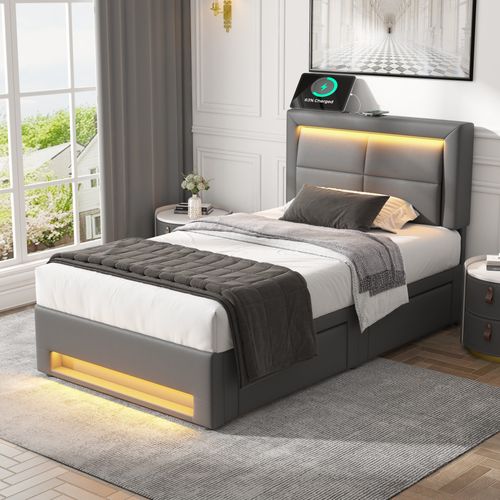 Lit Simple 90x200 Cm - Lit Coffre Avec 4 Tiroirs Et Éclairage LED - Lit Capitonné Pu - Gris