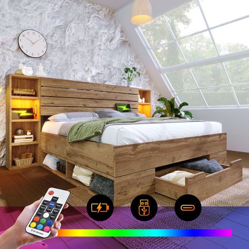 Lit Avec Rangement 180x200 Cm - Lit Double Avec Tête De Lit LED Et USB C - Bois - Chêne