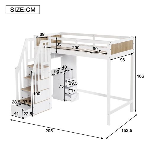 Lit Mezzanine Enfant 90x200 Cm Avec Bureau, Escalier Rangement, Étagères, Pin + Mdf, Blanc/naturel