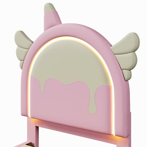 Lit Simple Pour Enfant 90x200 Cm - Lit Licorne Avec 2 Tiroirs Et LED - Pu + Mdf - Rose