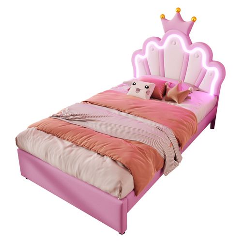 Lit Simple Pour Enfant 90 X 200 Cm - Lit Avec 2 Rangements - Pu + Mdf - Rose